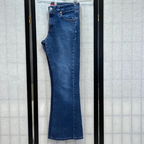 Levi’s 519 Low Rise Flare Jeans Faded Medium Wash Distressed Stretch Denim 7S - Picture 5 of 14